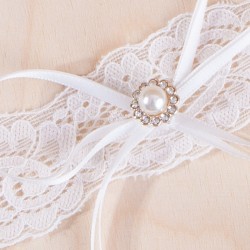 PODWIĄZKA ślubna koronkowa z perłą i kokardką Biała