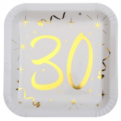TALERZYKI na 30 urodziny białe+złote gwiazdki 10szt BŁYSK