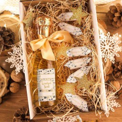 KOSZ prezentowy świąteczny wino musujące+krówki z ŻYCZENIAMI od Ciebie Złoty