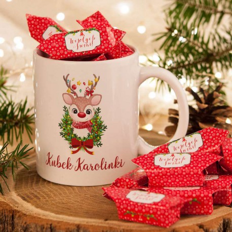 PREZENT świąteczny Kubek+krówki Z IMIENIEM Christmas Reindeer