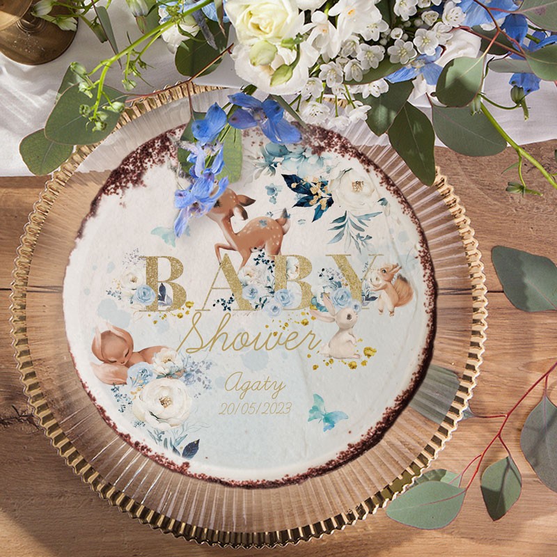 Opłatek personalizowany tort baby shower zwierzątka chłopiec