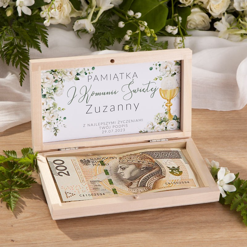 Pudełko na pieniądze róże białe i konwalie komunia